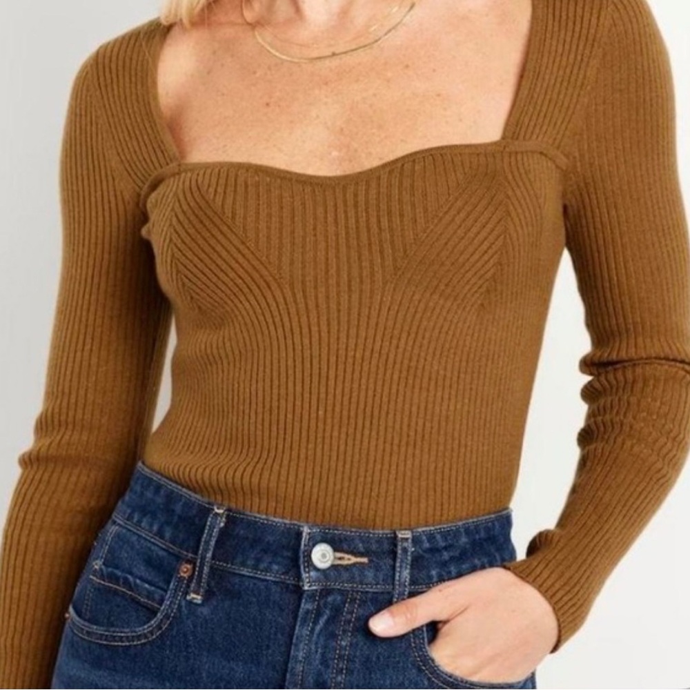 Old Navy Camel Ribbed Long Sleeve Blouse